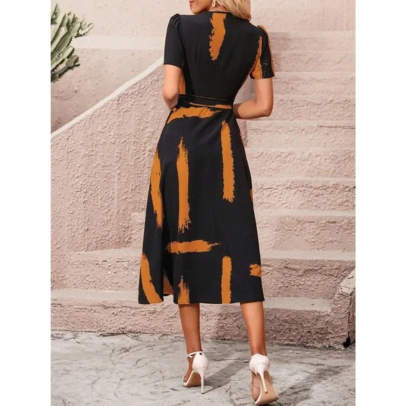 minimalist Brush Print Knot Side Wrap midi Dress black white - Picture 7 of 12